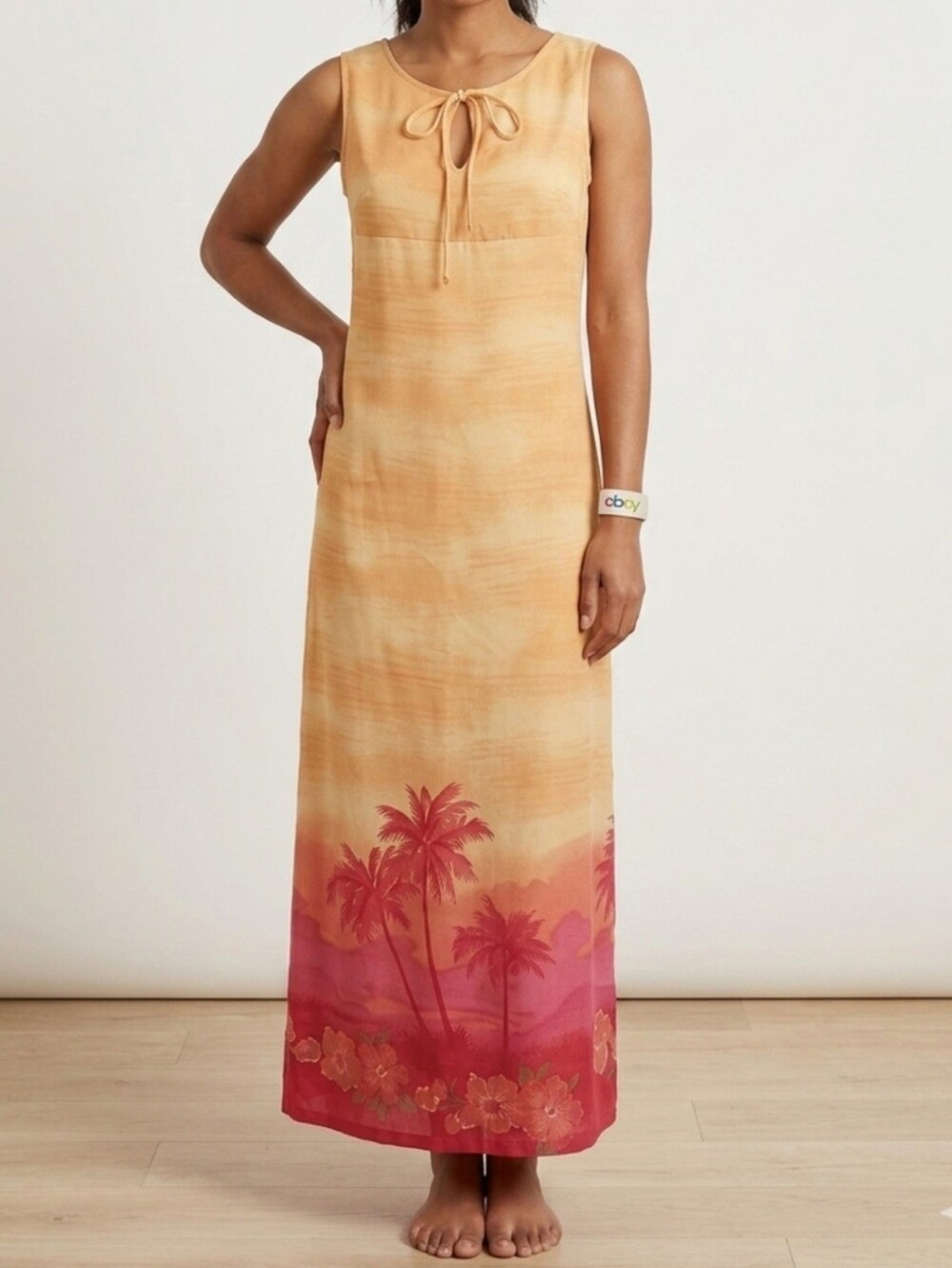 Vtg NOS Y2K Hype Sunset Palm Tree Maxi Dress 16 Runs Small Fits S M Coconut Girl